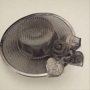 Vintage Mesh Metal Hat Brooch With Rose And Leaves Gun Metal And Silver Tone